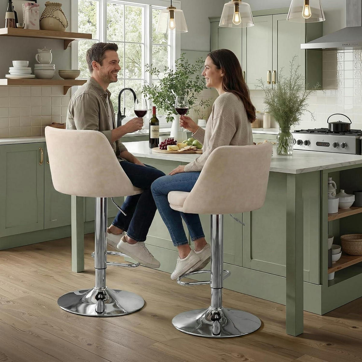 BARHOCKER 2er Set höhenverstellbar PU-Leder Beigeweiß - Beige, Kunststoff (48/85/45cm)