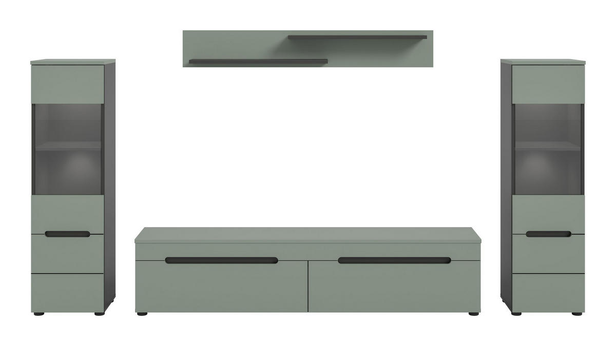 WOHNWAND inkl Beleuchtung Nova 4 tlg. (B/H/T: ca. 272/141/33 cm) in Basalt grau/Smoke Green - Grau, Holzwerkstoff (272/141/33cm)