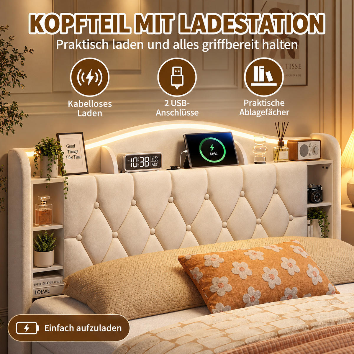 POLSTERBETT 160/200 cm mit Stauraum-Bettkasten, Ablagekopfteil mit Fächern, mehrfarbigem LED & USB, beiger Stoffbezug - Beige, Holz/Metall (160/200cm) - Joyfair