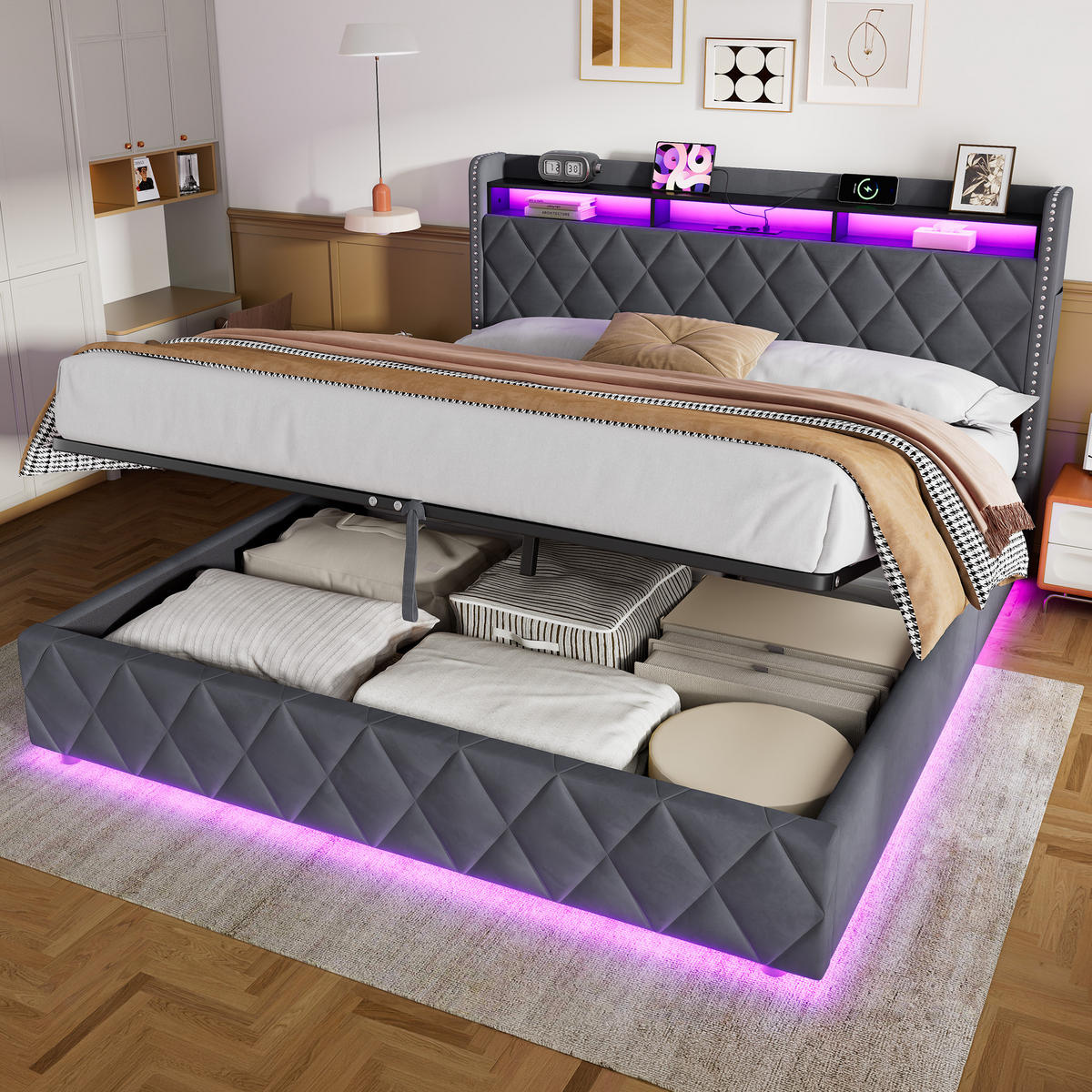 ČALOUNĚNÁ postel 180/200 cm tmavě šedá ze sametu, dřeva a kovu s LED osvětlením, úložným prostorem a nabíjecími konektory - tmavě šedá, textil (180/200cm) - OKWISH