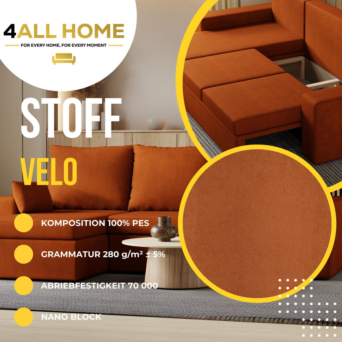 ECKSOFA Paco mit Bettkasten und Schlaffunktion, L-Form/XL-Form, Velourstoff, Universal - Rostfarben, Holzwerkstoff (246/145cm) - 4ALL HOME