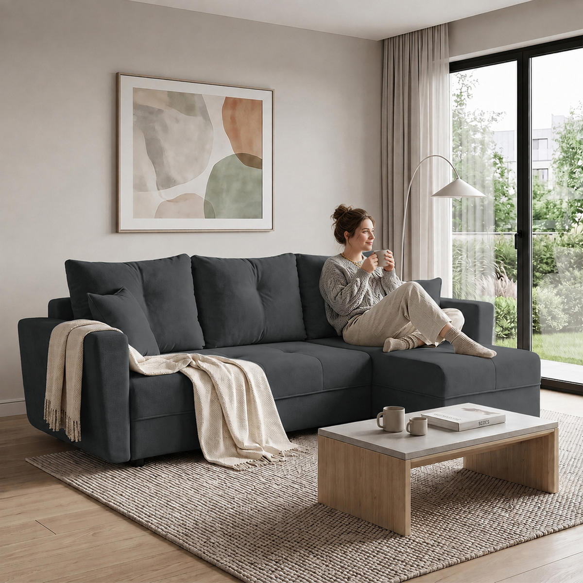 ECKSCHLAFSOFA Verona mit Bettkasten und universeller Ottomane 240 cm, Dunkelgrau - Dunkelgrau, Textil (240/148cm) - Beautysofa