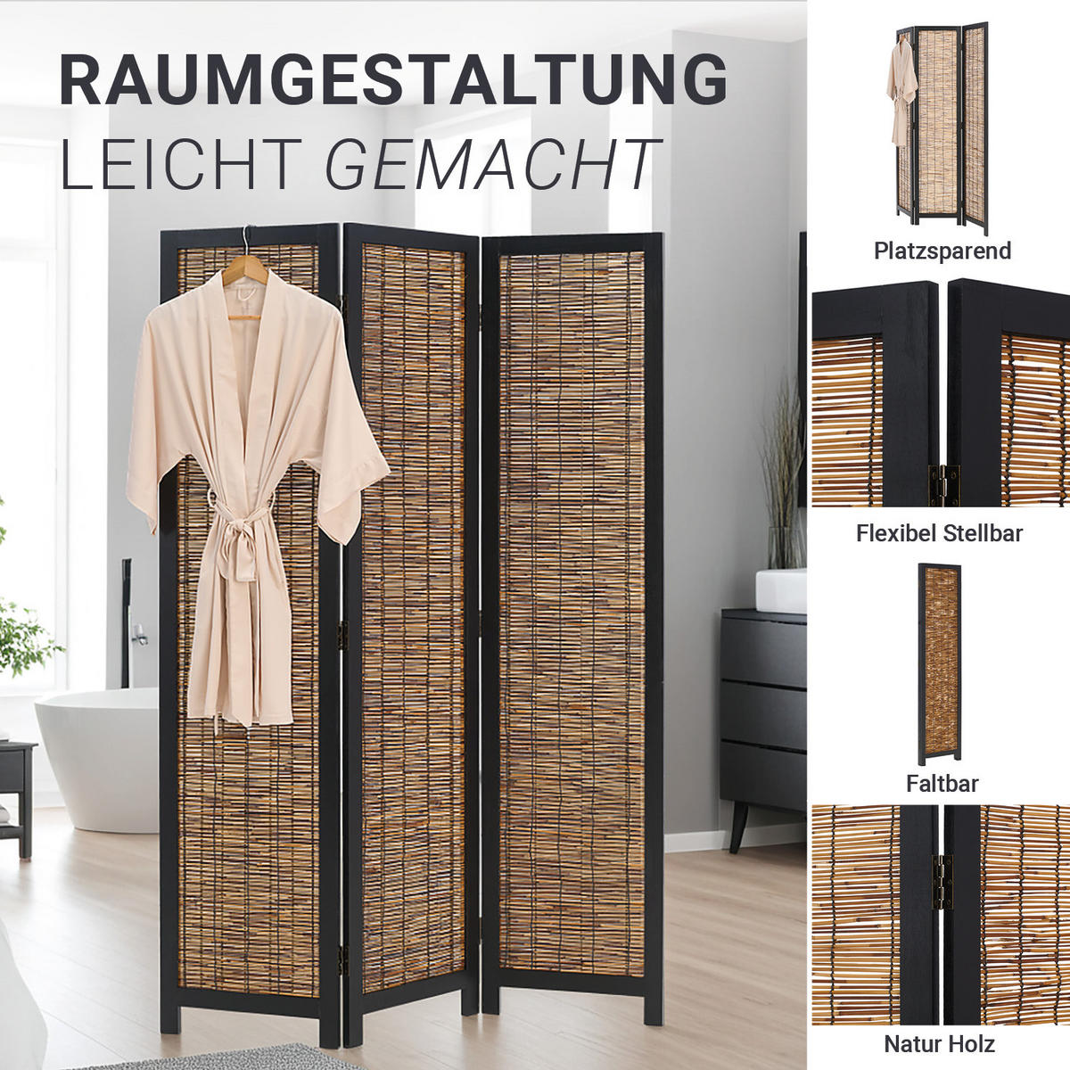 PARAVENT 120/170 cm Schwarz Holz Weide - Schwarz/Braun, Holz (120/170/2cm) - Homestyle4u