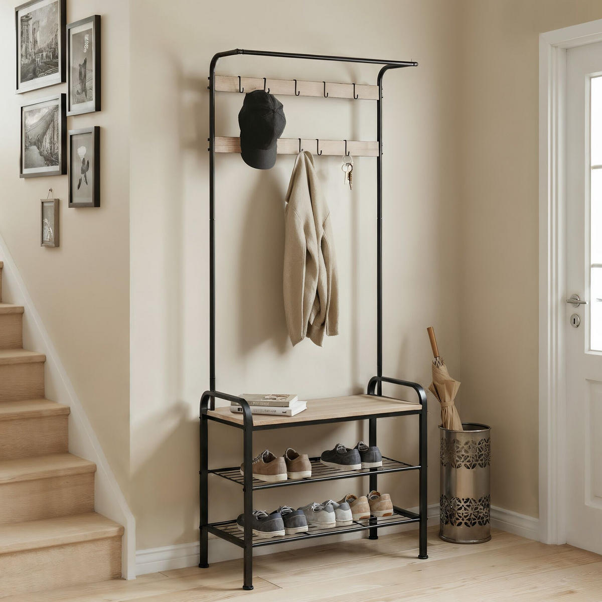 GARDEROBENSTÄNDER Wichita, inklusive Kippschutz, 73,5 x 36 x 184 cm, Industrial Holz hell, Eiche Sonoma - Naturfarben, Textil (36/184/73.5cm) - tectake