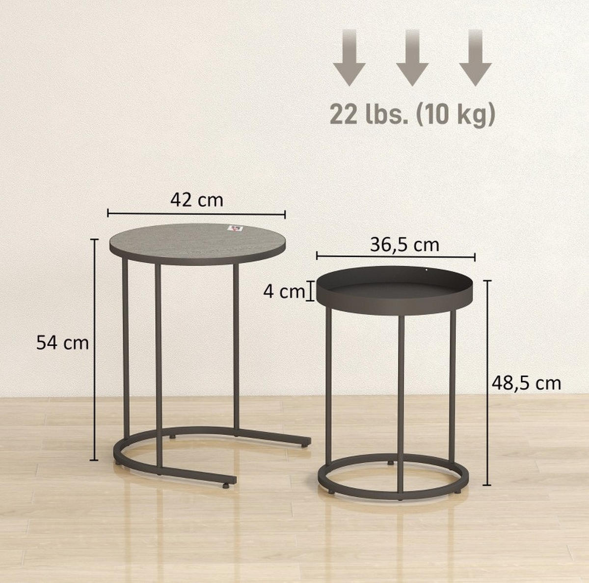 SATZTISCHE 42/36.5 cm grau aus MDF und Metall mit Tablett-Design - Grau, Metall (42/42/54cm) - OKMYHOME