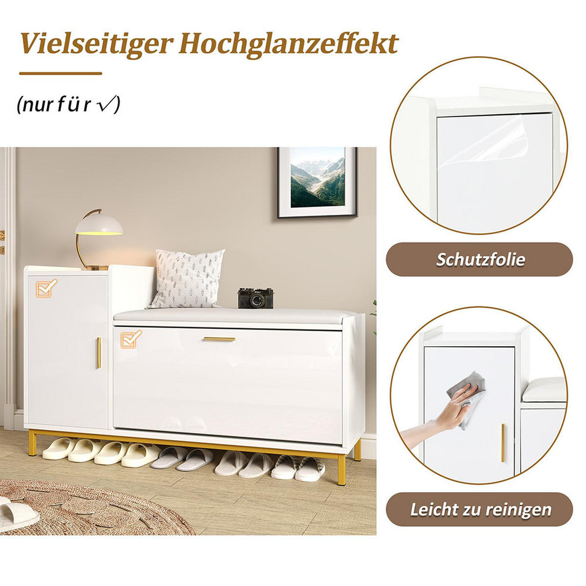 SCHUHBANK in 100x38x68cm mit 2 Fächern 1 Schrank,Weiß + Gold - Weiß, Holzwerkstoff (38/68/100cm) - KOMHTOM