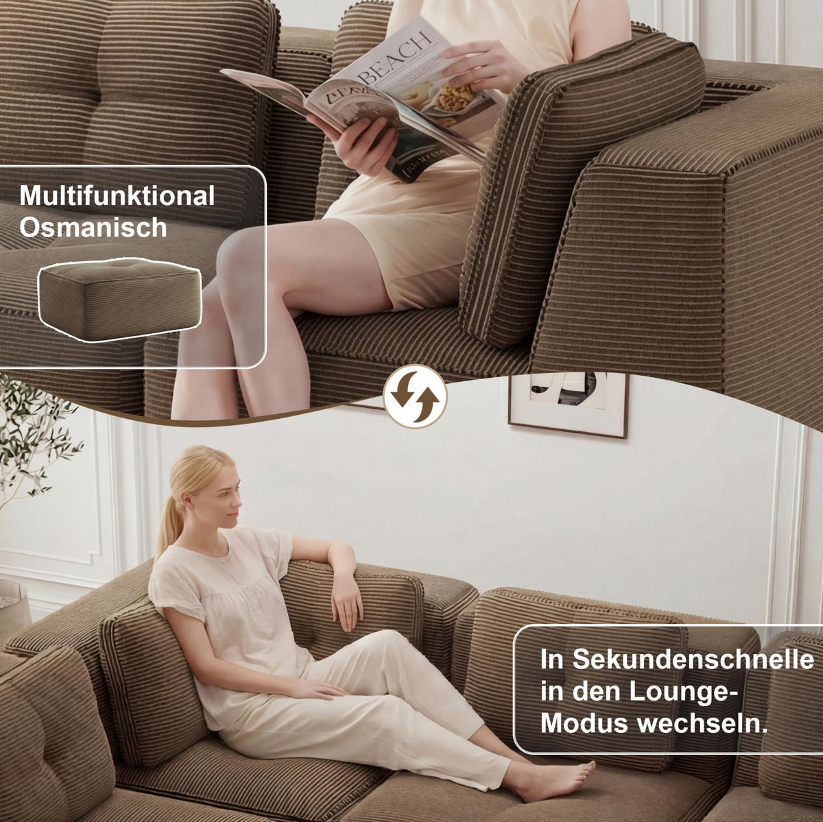 ECKSOFA 297/104/69 cm braun aus Cord mit modularem Design und tiefer Sitzfläche - Braun, Textil (104/297cm) - OKWISH