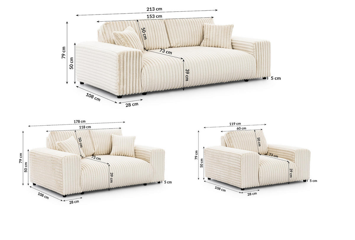 SEDACÍ SOUPRAVA 3+2+1 Mollis ve světle béžové barvě z plyšového manšestru - černá/béžová, dřevo/textil (213/79/108cm) - S-Style Möbel