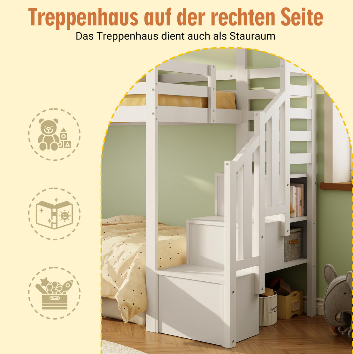 HAUSBETT 90/200 cm in Weiß mit Stauraumtreppe und Hausdesign - Weiß, Holzwerkstoff (90/200cm) - BEAOK