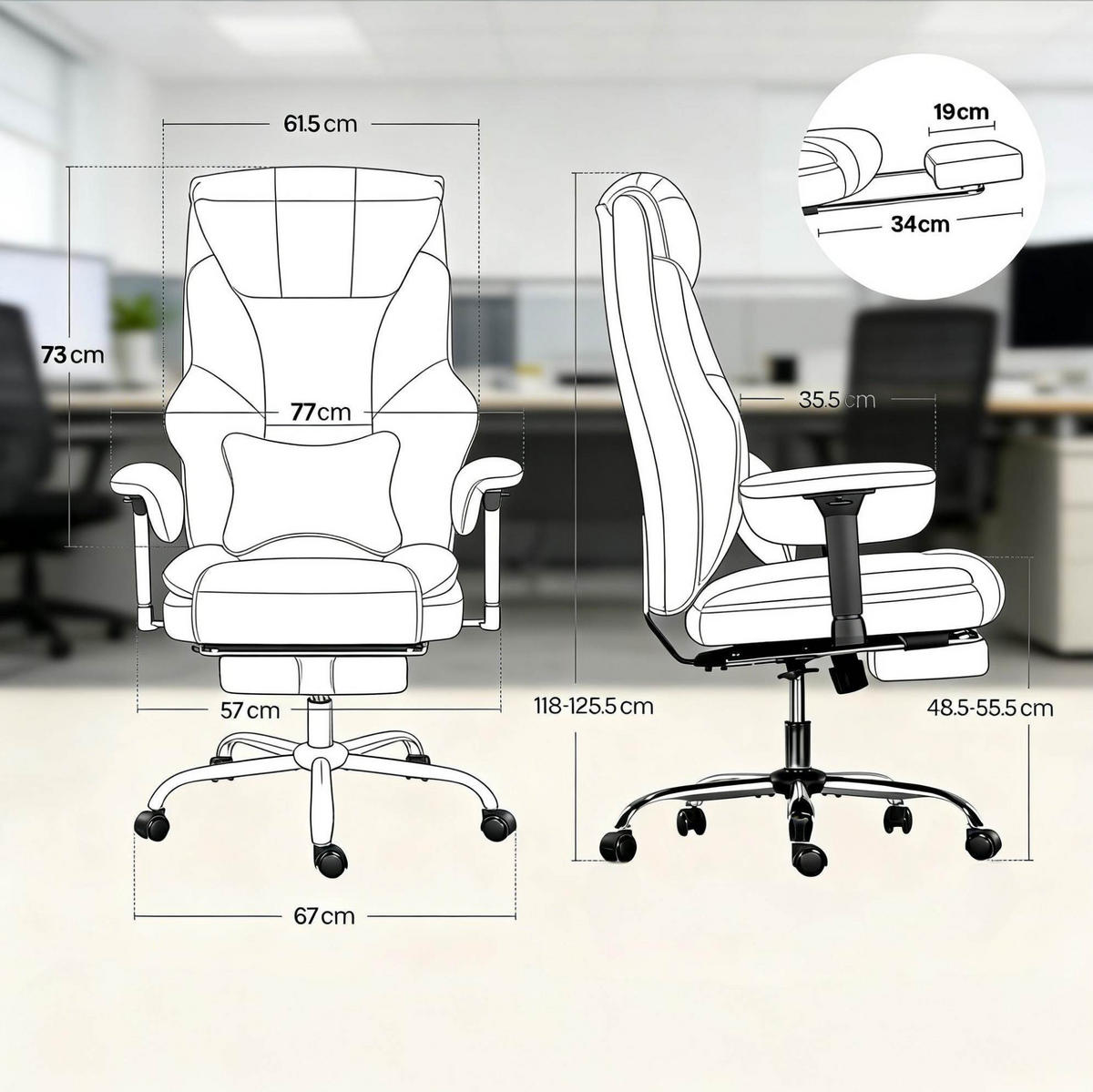 BÜROSTUHL ergonomisch höhenverstellbar Schwarz mit Fußlehne - Schwarz, Metall (77/125.5/35.5cm) - Meubliv