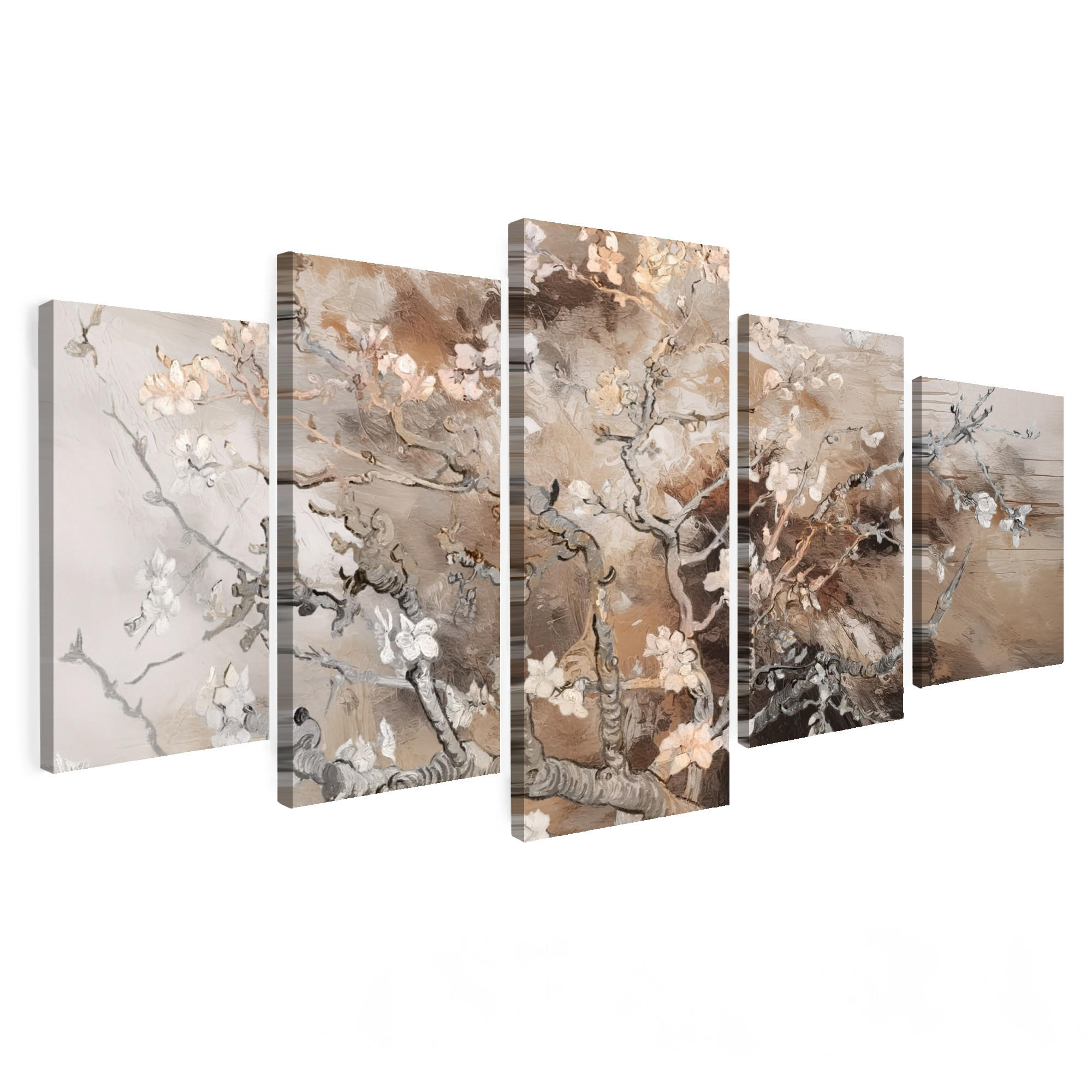 LEINWANDBILD 5er Set Mandelblüte - Abstrakt - Beige 150x80 cm - Beige, Textil (150/80cm) - MuchoWow