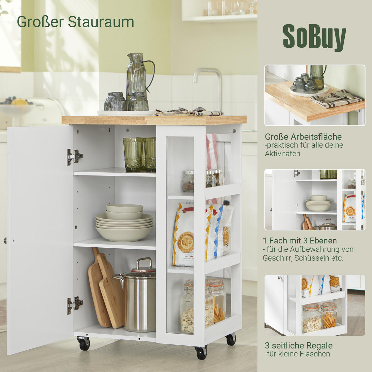 KÜCHENWAGEN weiß mit Rollen, 60 x 90 x 40 cm, 3-stufiges Seitenregal, Schrank mit verstellbaren Einlegeböden, für Küche und Esszimmer - Weiß, Glas/Holzwerkstoff (60/90/40cm) - SoBuy