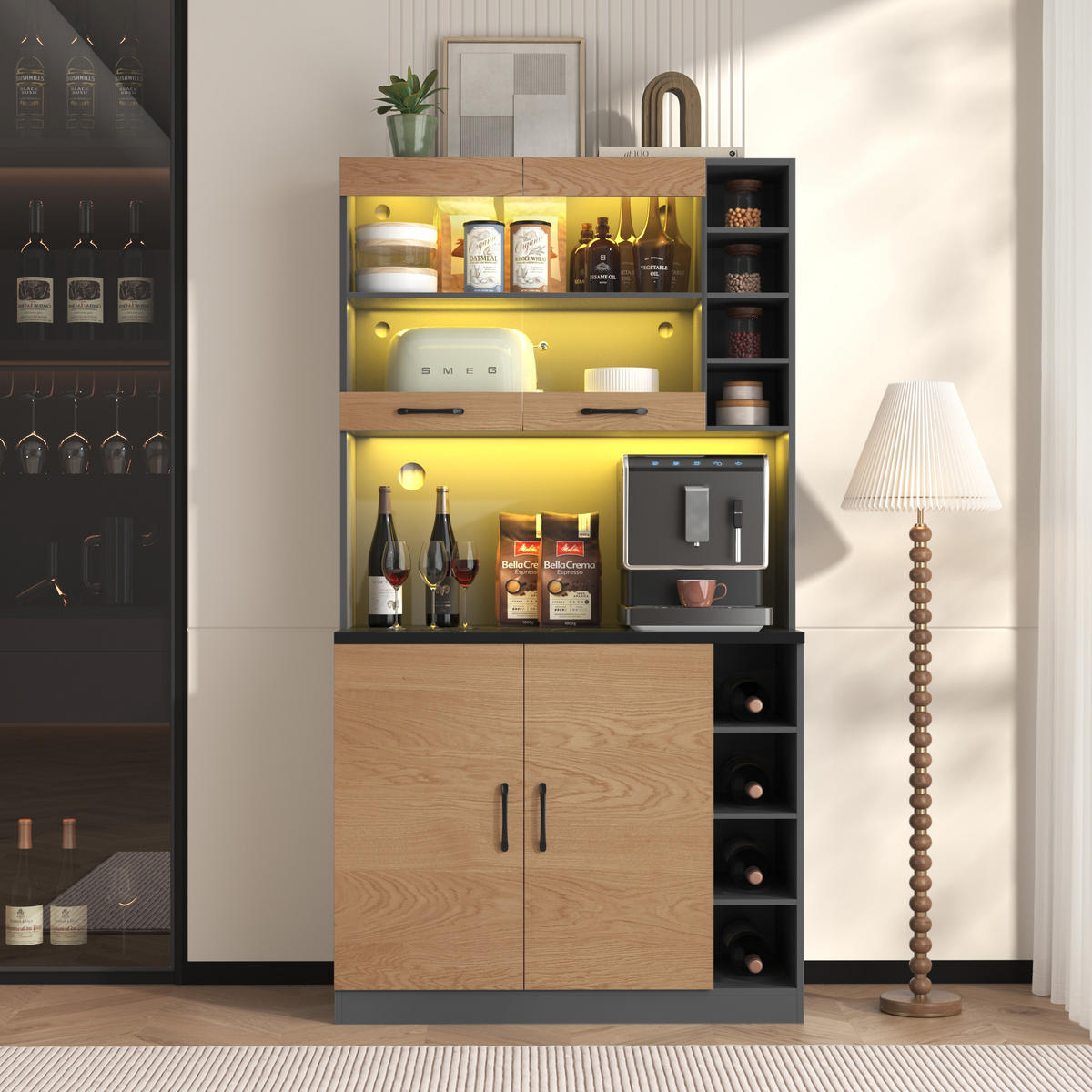 KÜCHENBUFFET mit 2 Türen, LED-Beleuchtung und Glaselementen, 100 x 47 x 187 cm, Natur/Grau, Acryl, MDF - Naturfarben, Holzwerkstoff (100/187/47cm) - SONNENH