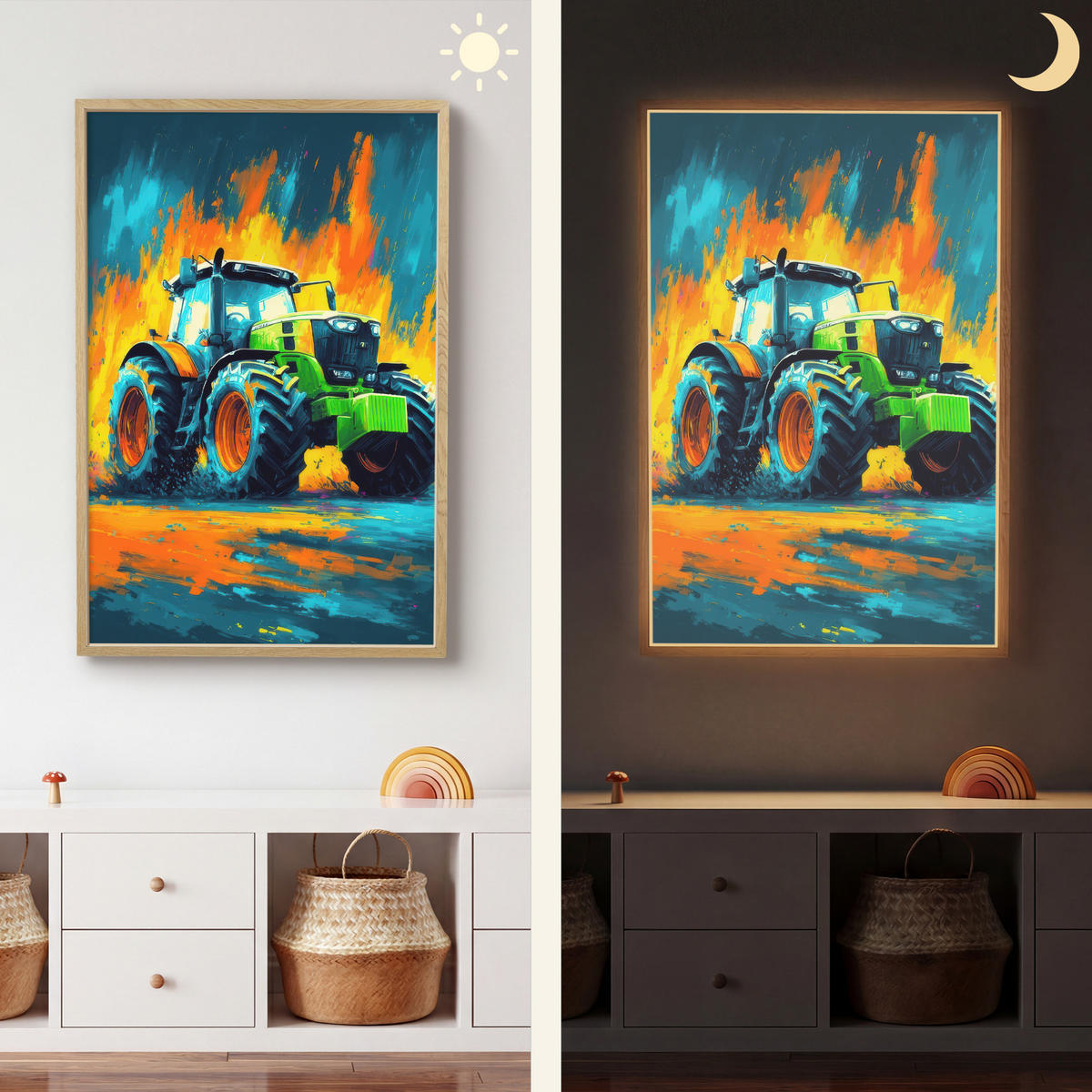 NÁSTĚNNÁ LAMPA S AKUMULÁTOREM Abstrakt - Traktor - Zelený 70x100 cm - tmavě modrá, kompozitní dřevo (70/100/8cm) - OnlyWow