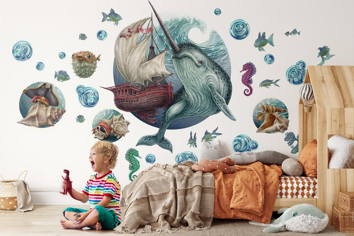 WANDAUFKLEBER 130x142cm - Meerestiere - Multicolor, Kunststoff (130/142/0.1cm) - Wallfluent