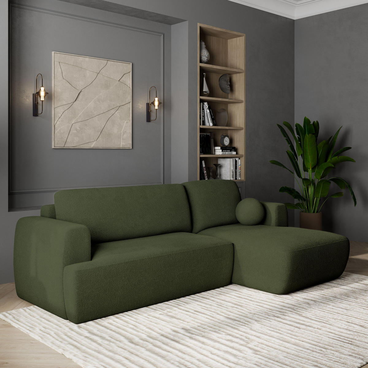 ECKSOFA SENTI N R-S Grün Boucle-Stoff mit Schlaffunktion - Grün, Holz (246/148cm) - MASSENO