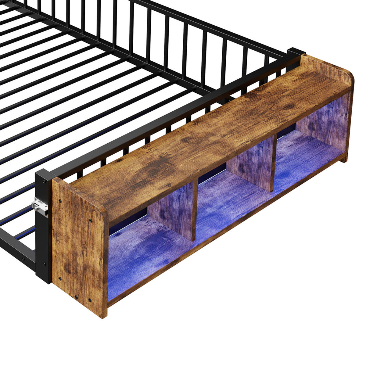 BODENBETT 140/200 cm DE-03338, mit LED, Schließfach und Schutzgeländer, in Schwarz - Schwarz, Holzwerkstoff/Metall (140/200cm) - ComfortXL