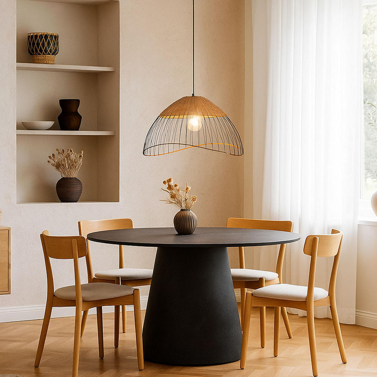 LED HÄNGELEUCHTE Holz Schwarz Rattan - Schwarz, Holz (48/48/120cm)