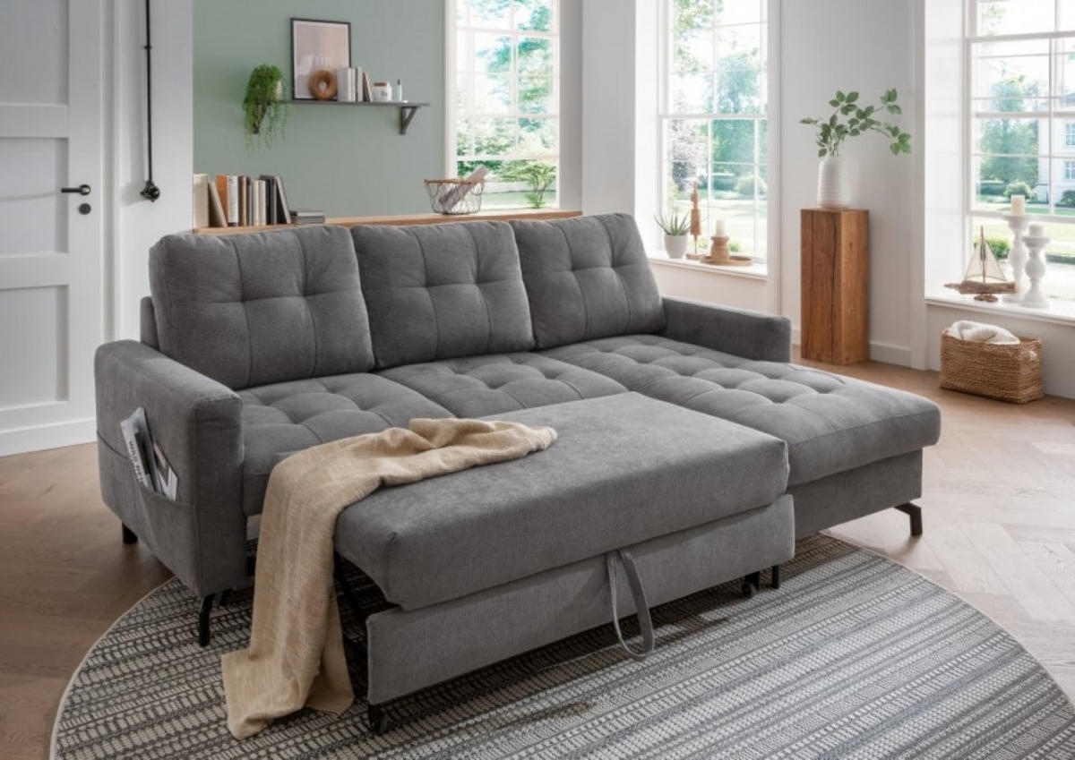 ECKSOFA mit Schlaffunktion und Bettkasten, Luxus-Mikrofaser - Dunkelgrau/Schwarz, Textil/Metall (150/230cm) - myHomelando
