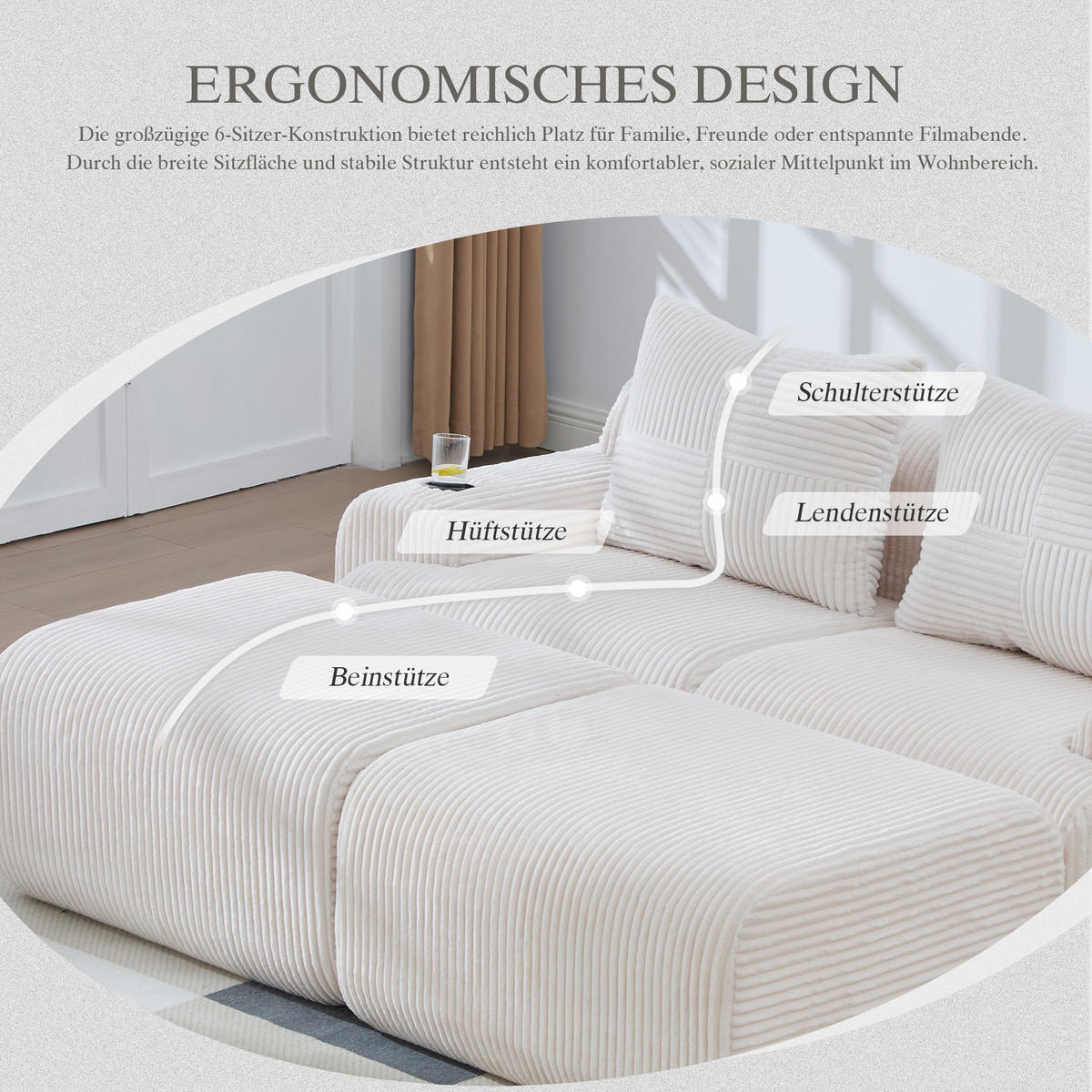 MODULARES 2-Sitzer Sofa Cordstoff mit Getränkehalter und Seitentasche 200/174/80 cm Beige - Beige, Textil (174/80/200cm) - Redom
