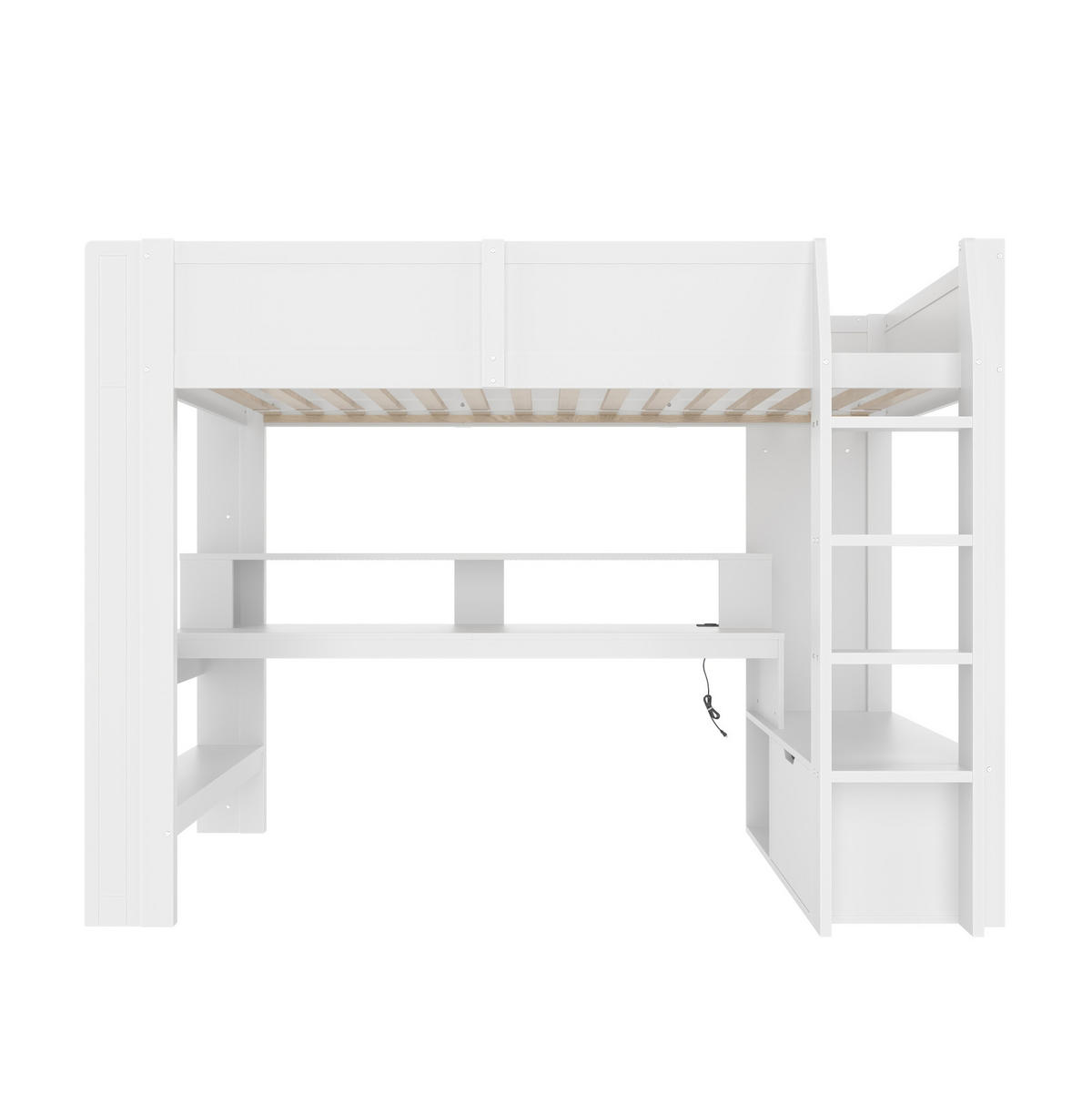 HOCHBETT aus Kiefernholz 90x200 cm in Weiß mit Schreibtisch & LED - Weiß, Holz (90/200cm) - Modfu