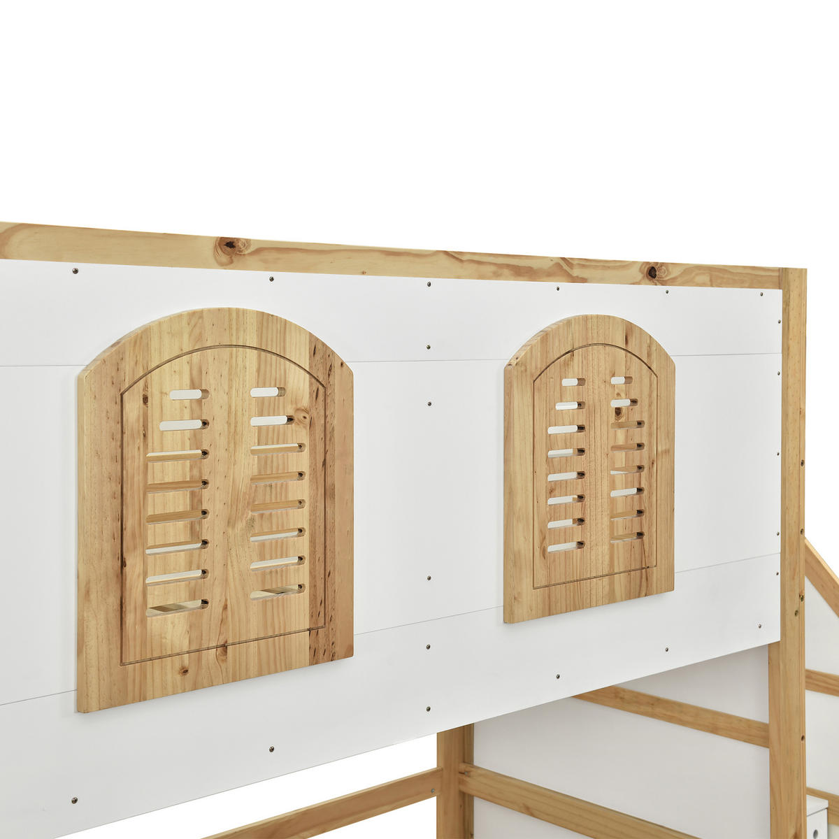 KINDERBETT Weiß und Natur Liegefläche 90/200 cm, Hochbett mit Treppenschrank, Spielfläche, Lattenrost - Naturfarben, Holz (90/200cm) - PANGIVO