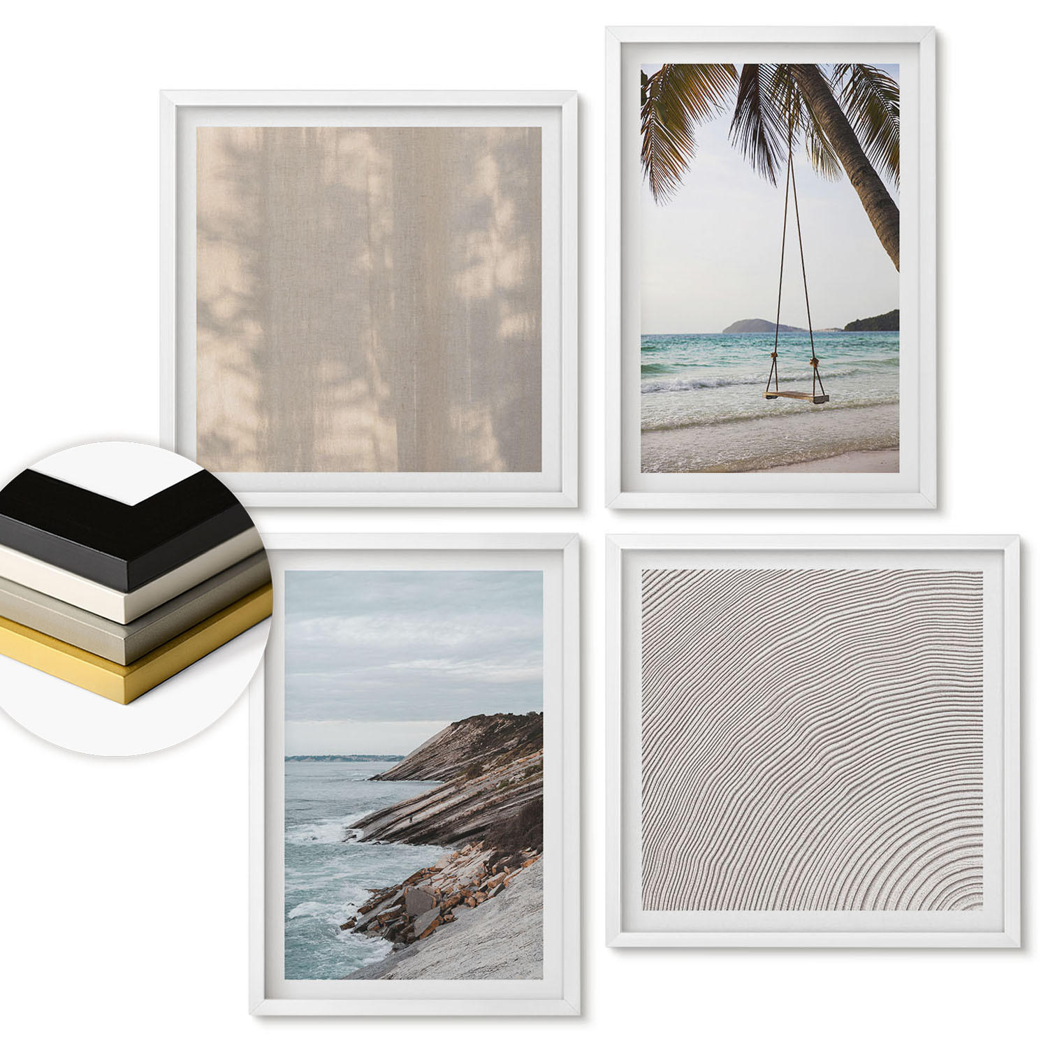 WANDBILDER 4er-Set - 50x50 cm & 40x60 cm Weißer Rahmen - Sommerlicher Sandstrand mit Meerblick - Weiß, Kunststoff (50/50cm) - ArtPrintCave