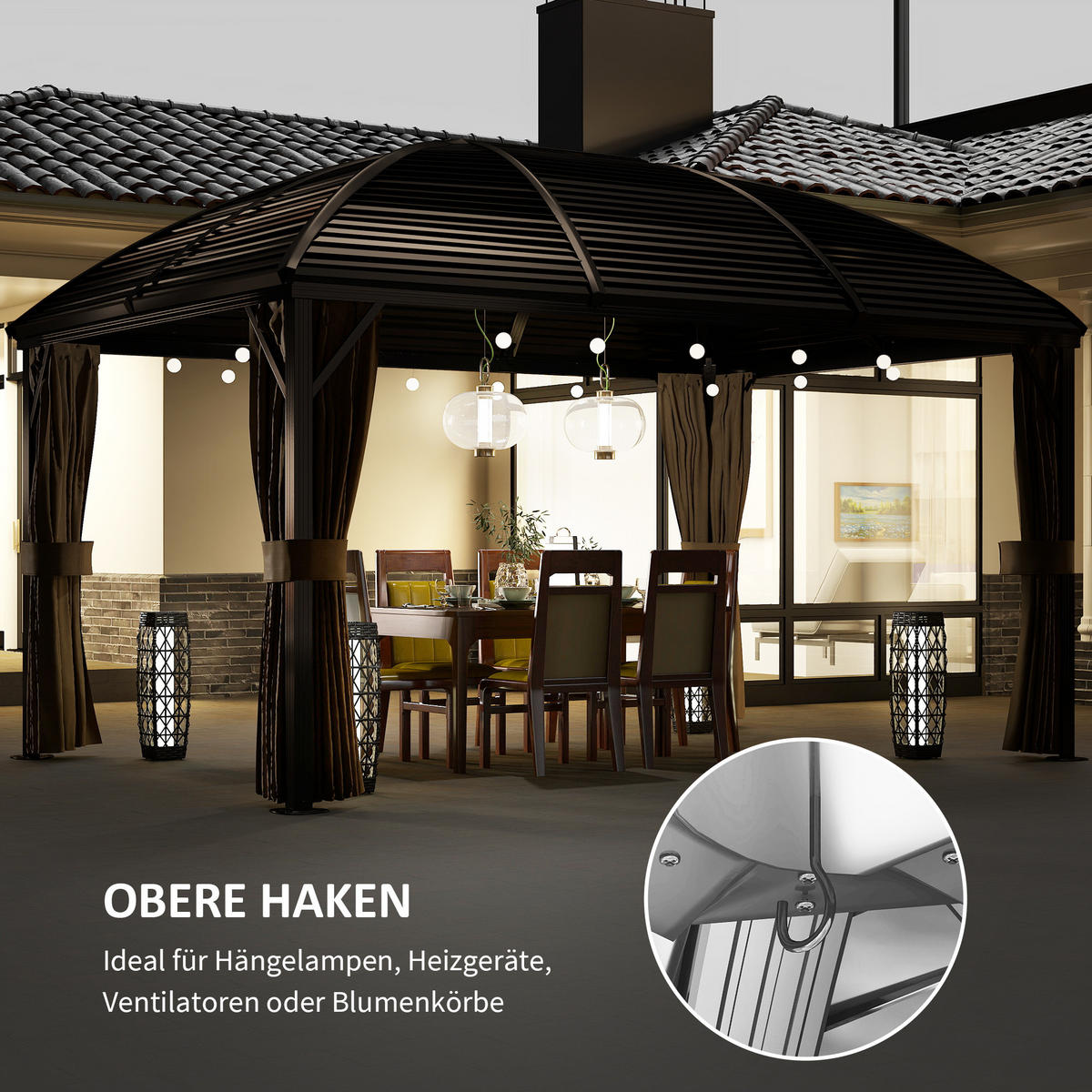 GARTENPAVILLON, Partyzelt, Festzelt, 4 x Doppel-Seitenteile, wasserdicht, 2 Laternenhaken, ca. 4 x 3 x 2,8 m, Braun - Braun, Metall (398/280/298cm)