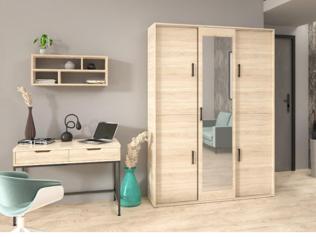 GARDEROBENSCHRANK Vanessa III 150 cm mit Spiegel, sonoma - Sonoma Eiche, Kunststoff (150/205/40cm) - Margaret Hadas24