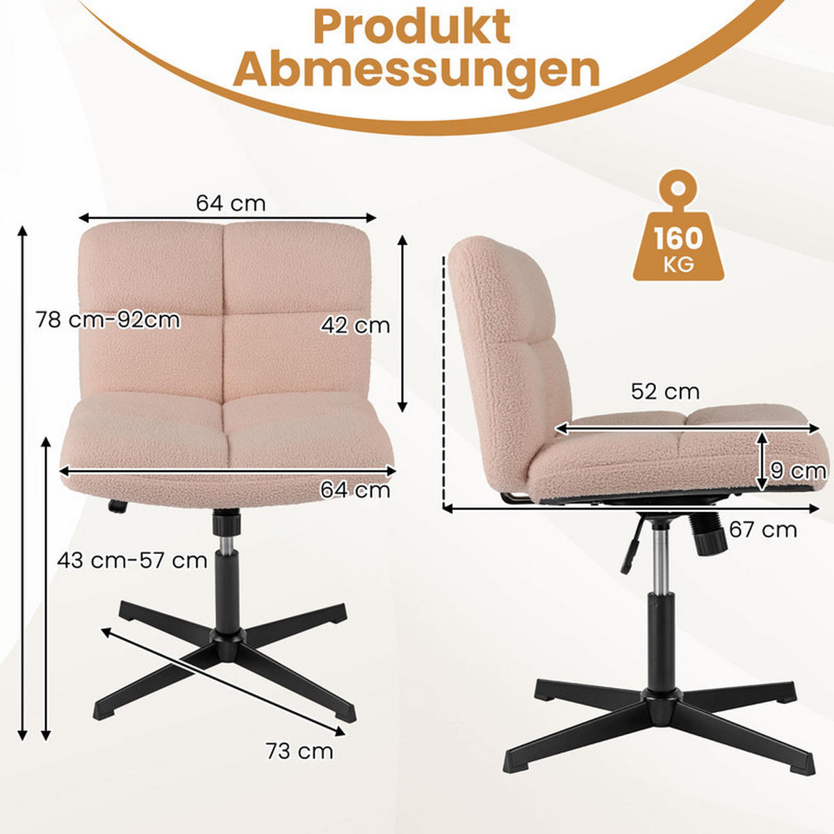 BÜROSTUHL Rosa - Pink, Metall (73/78/64cm) - COSTWAY