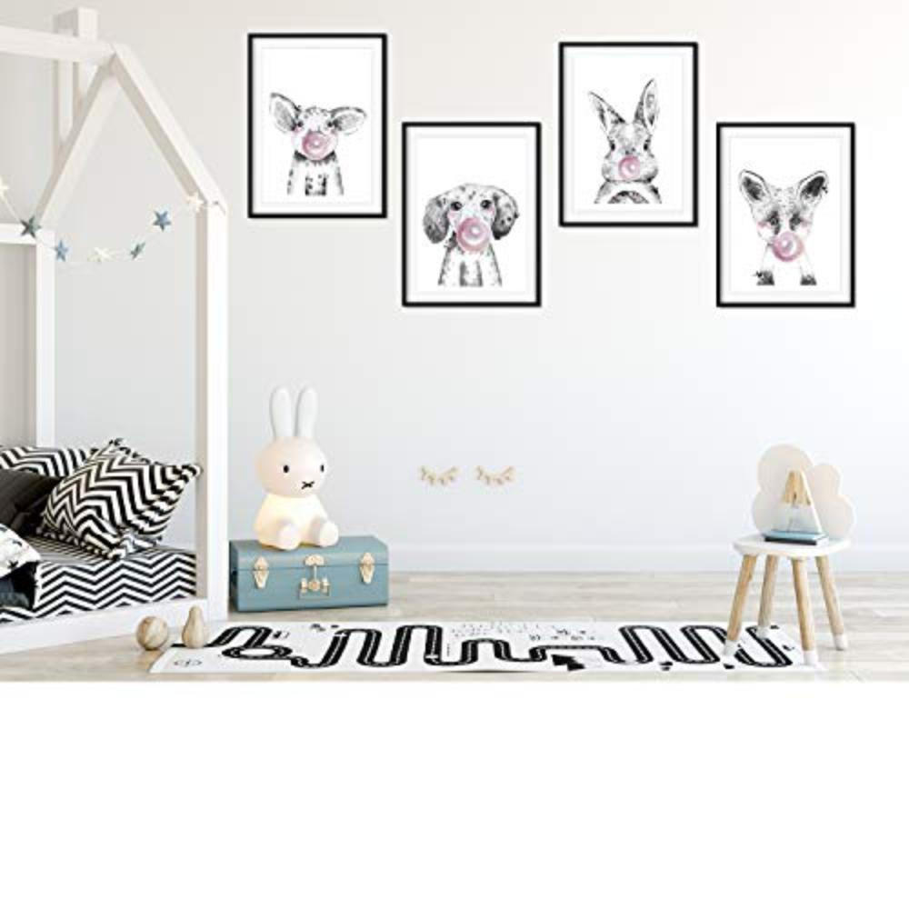 POSTER Set mit 4 Rundedanimals mit rosa Gummi A3 Schwarzer Rahmen - Schwarz, Papier (29.7/3cm) - Nacnic