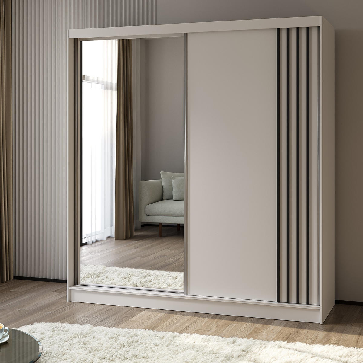 SCHWEBETÜRENSCHRANK NELVIA 200/216/61 cm 2-türig mit Spiegel Weiß - Weiß, Holzwerkstoff (200/216/61cm) - MASSENO