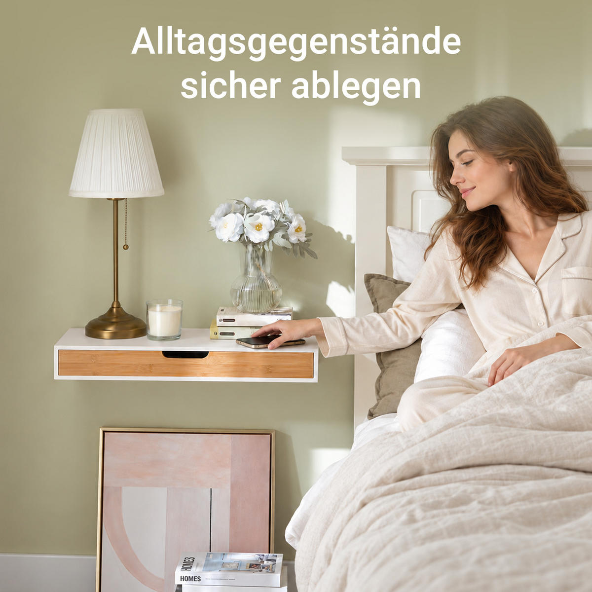 WANDREGAL mit verdeckter Schublade, 60 x 24 x 8 cm, weiß mit Bambusoptik, schwebend, für Schlafzimmer, Flur und Wohnzimmer - Weiß/Naturfarben, Holzwerkstoff (60/8/25cm) - SoBuy