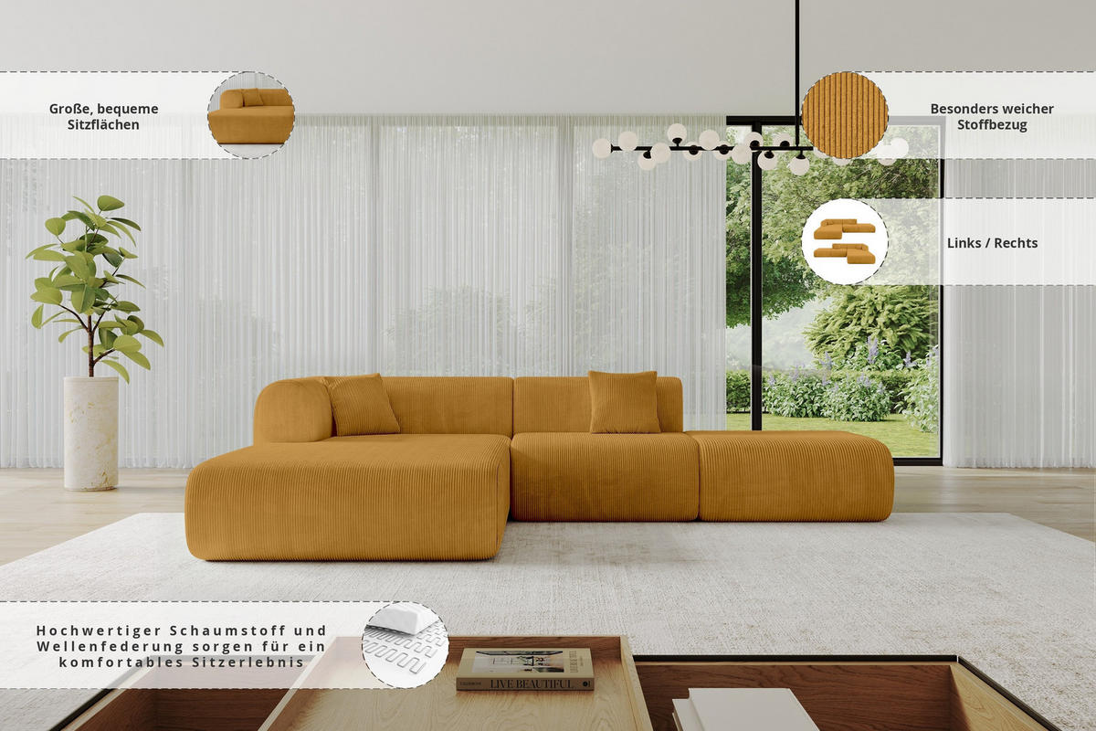 ECKSOFA Ottomane Links OVLY-L 289x176x71 Senfgelb Cord - Currygelb/Dunkelgelb, Holzwerkstoff/Kunststoff (176/289cm) - ALTDECOR