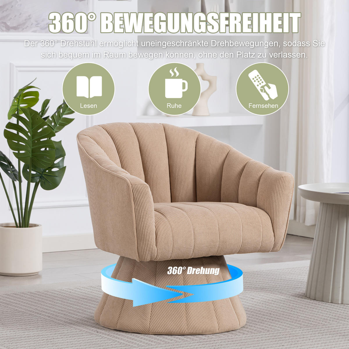DREHSTUHL Moderner 360° Beige mit Cord-Bezug - Beige, Textil (70/72/66cm) - Urban Meuble