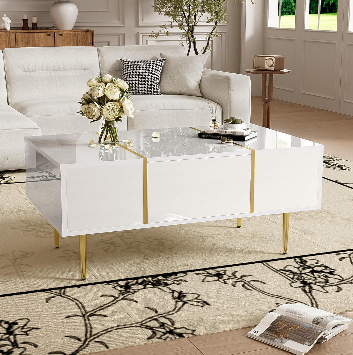 COUCHTISCH aus MDF 100/60/41,5 cm mit 2 Schubladen und Hochglanz-Oberfläche, Weiß - Weiß, Holzwerkstoff (100/60/41.5cm) - Redom