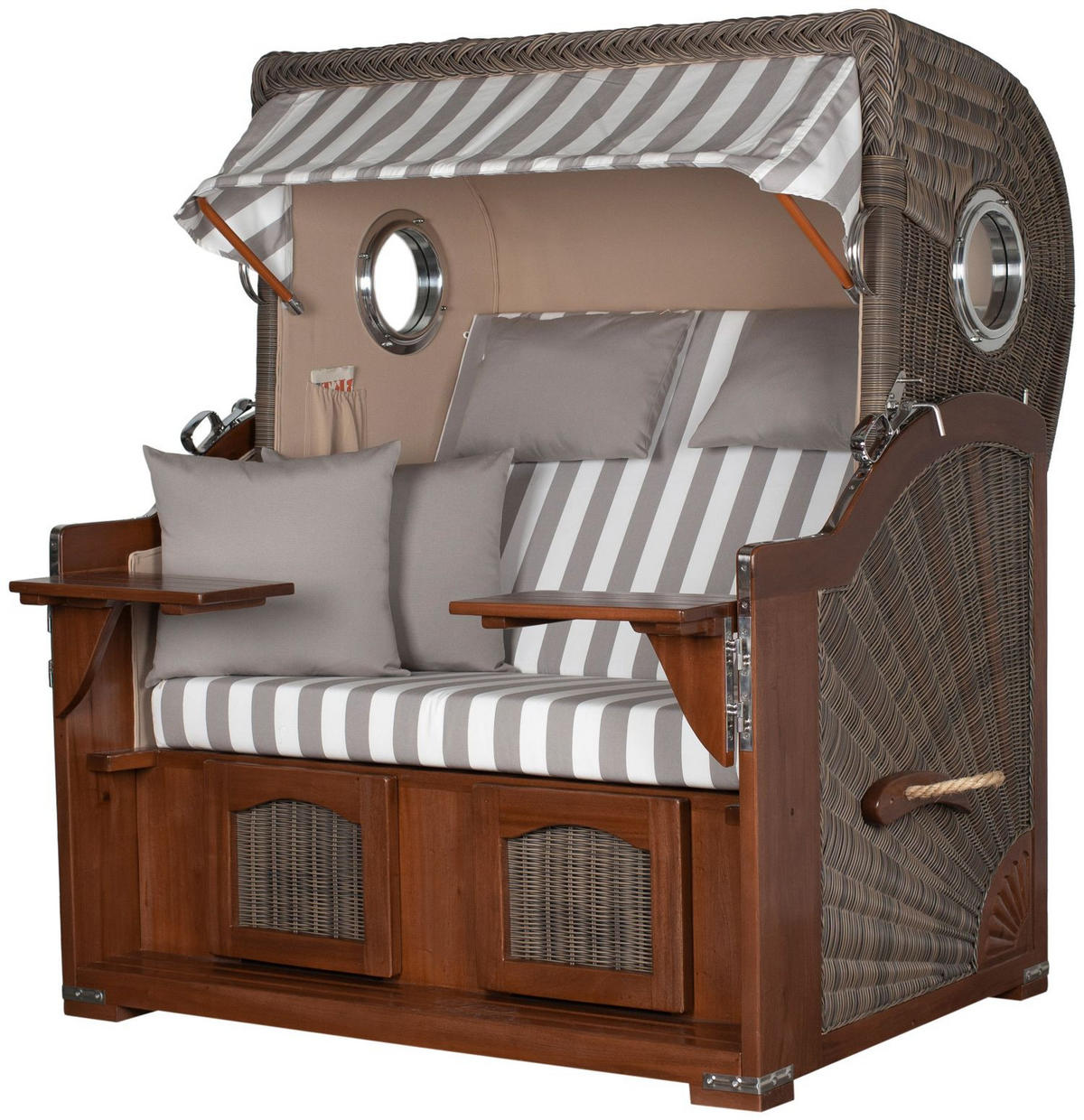 STRANDKORB Komplettset: Ammersee Grande XL Mahagoni Bullauge - PE grau - Modell 513 - Weiß/Grau, Holz/Kunststoff (142/165/95cm) - bene living