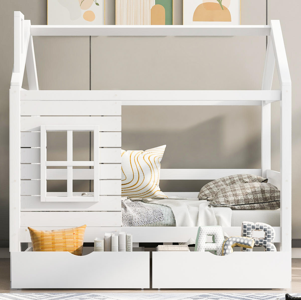 KINDERBETT Hausbett 80/160 cm aus massivem Kiefernholz mit Rausfallschutz - Weiß, Holzwerkstoff (80/160cm) - BEAOK
