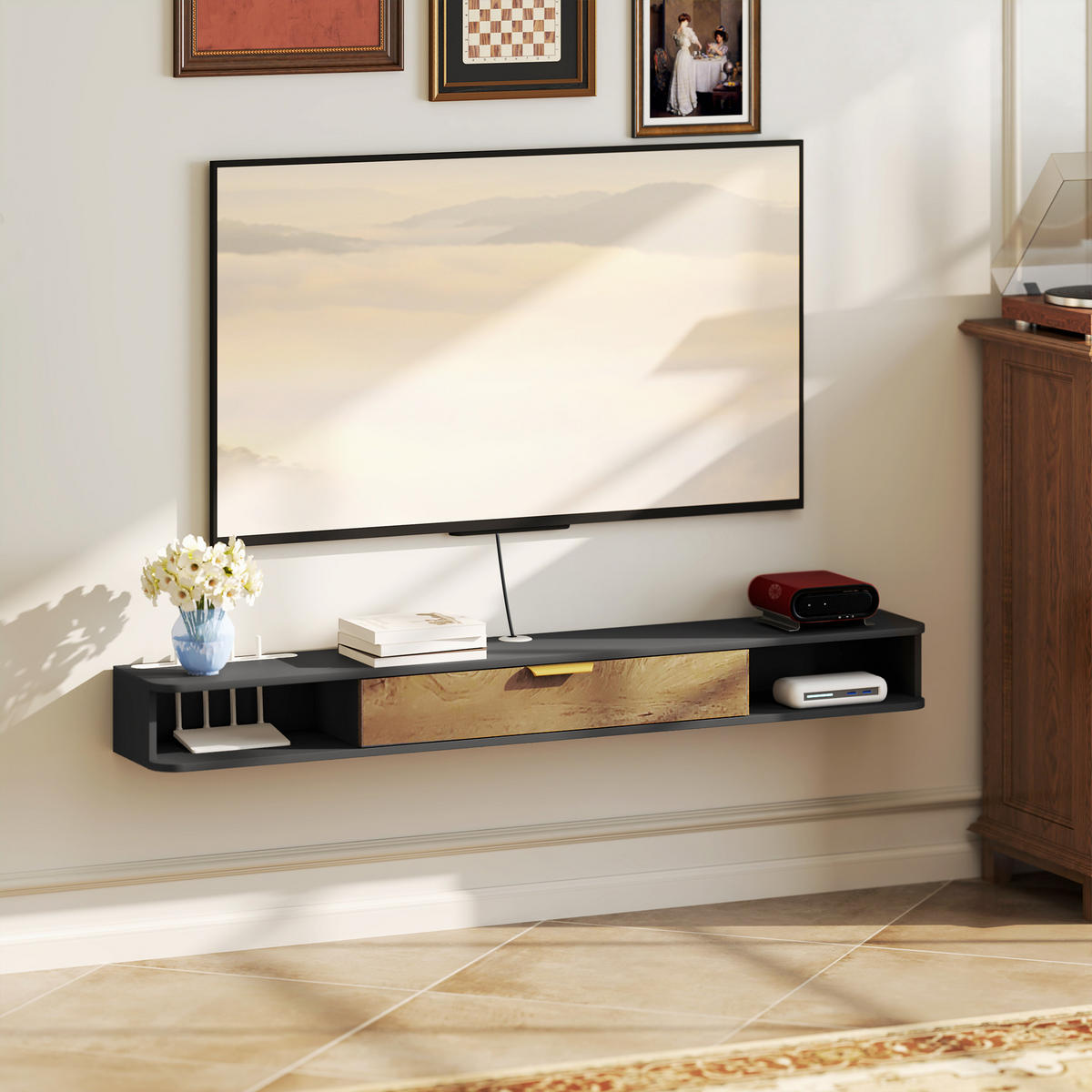 TV-LOWBOARD Grau 160/24/16 cm, Hängend, Klapptür, Offene Fächer - Grau, Holzwerkstoff (160/16/24cm) - PANGIVO