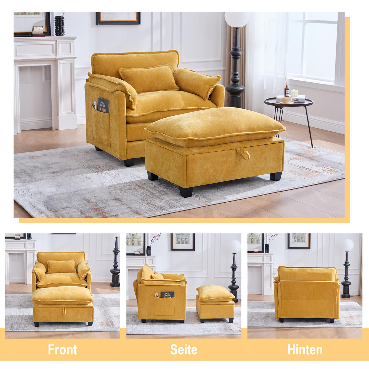 LOUNGESESSEL mit Hocker und Stauraum in Samt, 103 / 85 / 91 cm - Gelb, Textil (85/91/103cm) - PARAFTA HOME