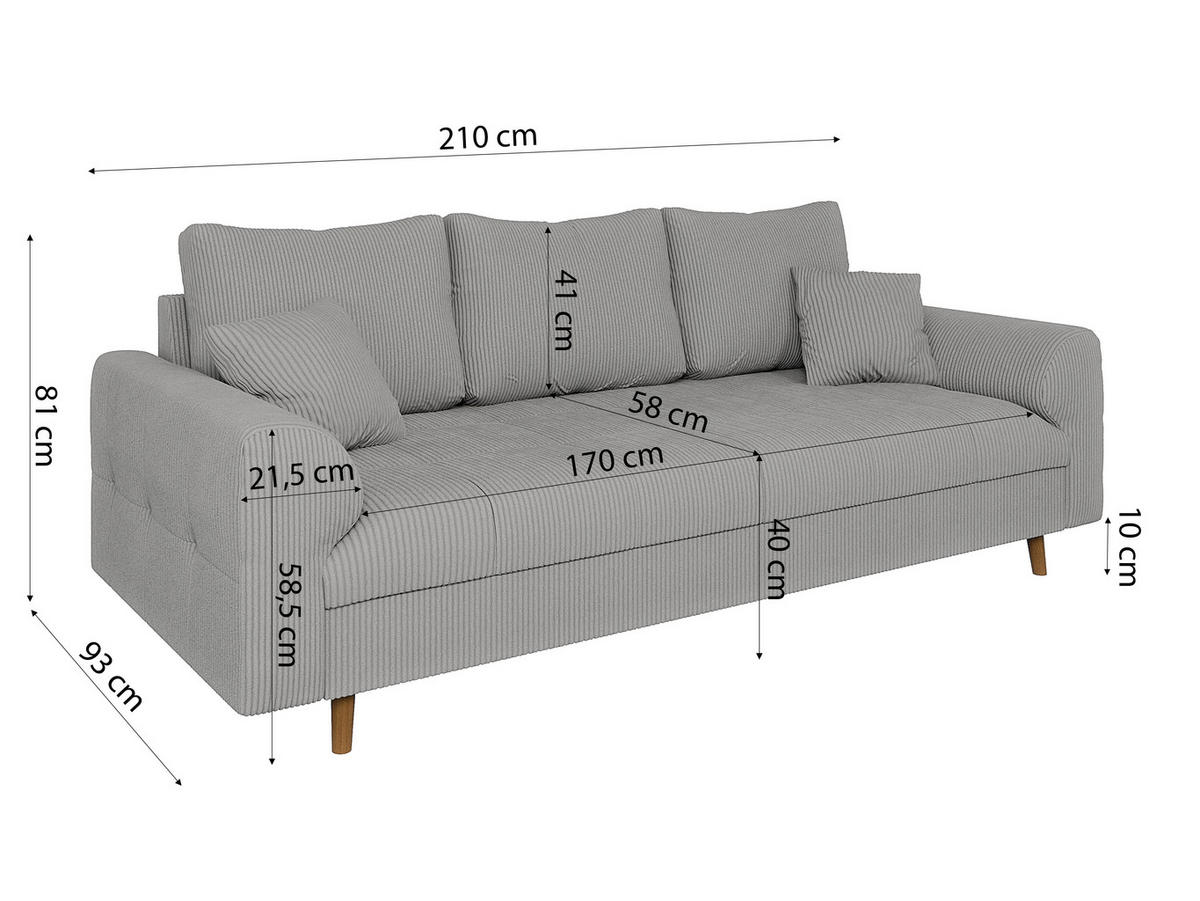 3-SITZER-SOFA Alma Hellgrau Cord - Hellgrau/Braun, Holz/Textil (210/81/93cm) - S-Style Möbel