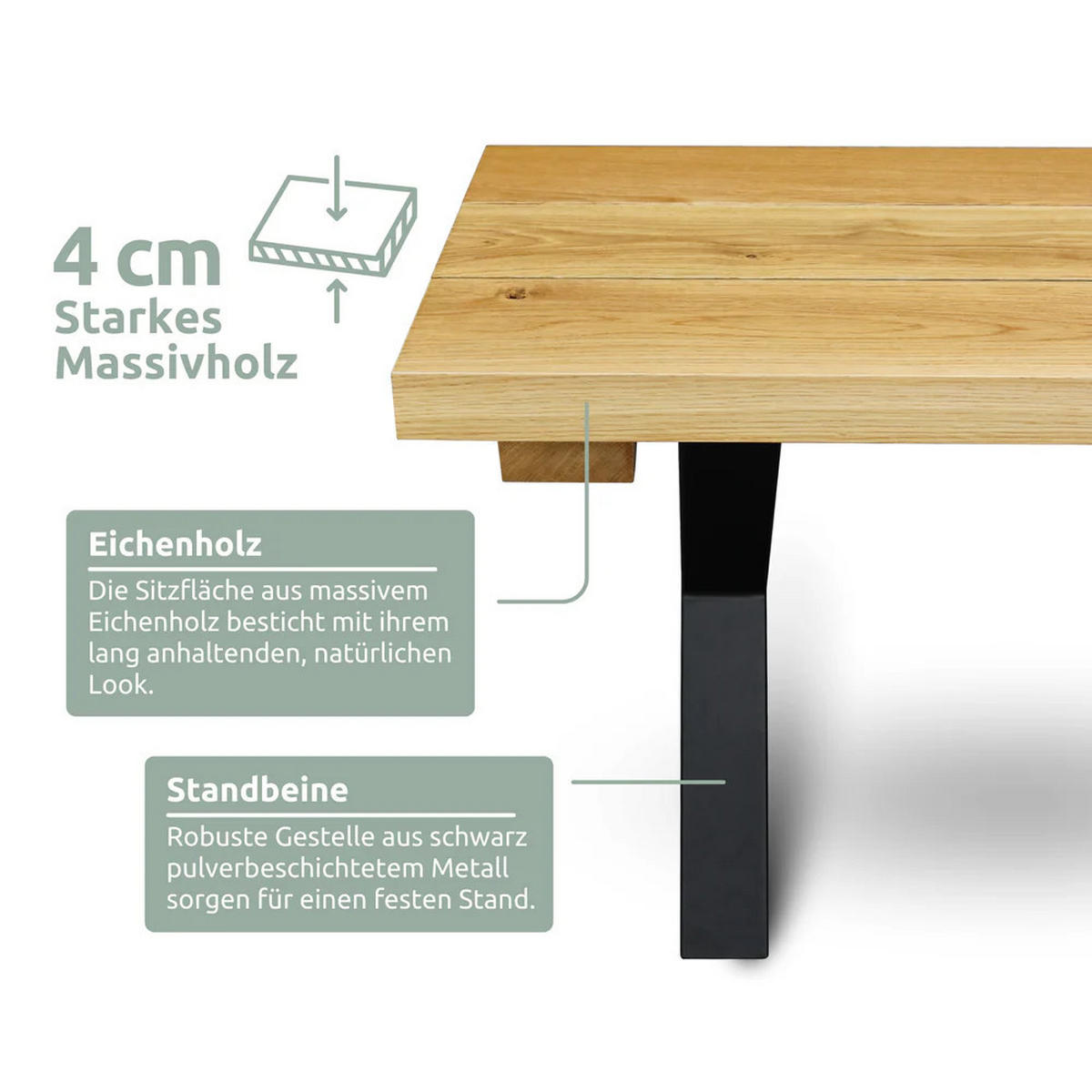 HOLZBANK MITCH Eiche Massiv 160x40x46 cm - Braun, Holz (160/46/40cm) - DELUKE