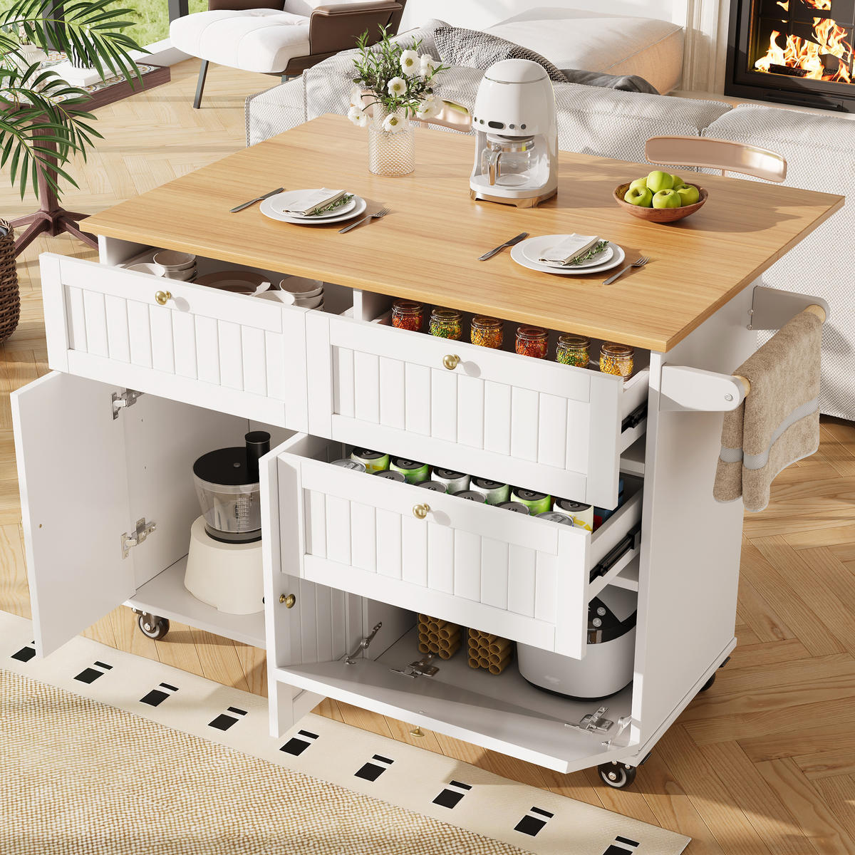 KÜCHENINSEL Ausziehbar Stauraum Holzoptik Weiß - Weiß, Holzwerkstoff (133/88/37.3cm) - FLIEKS