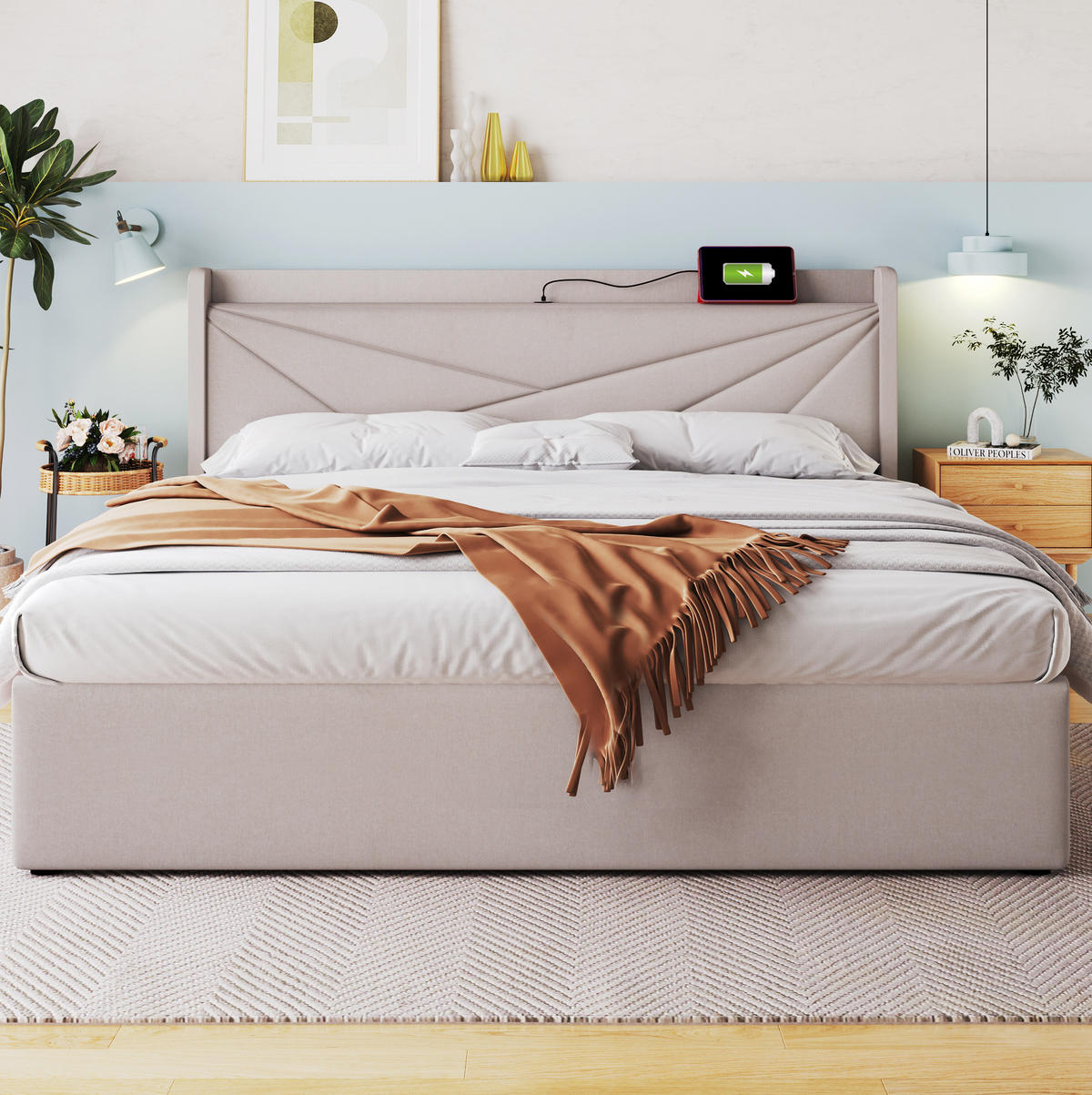 POLSTERBETT 140/200 cm Beige mit Stauraum und USB- und Type-C-Anschlüssen mit Matratze aus Leinen - Beige, Textil (140/200cm) - OKWISH