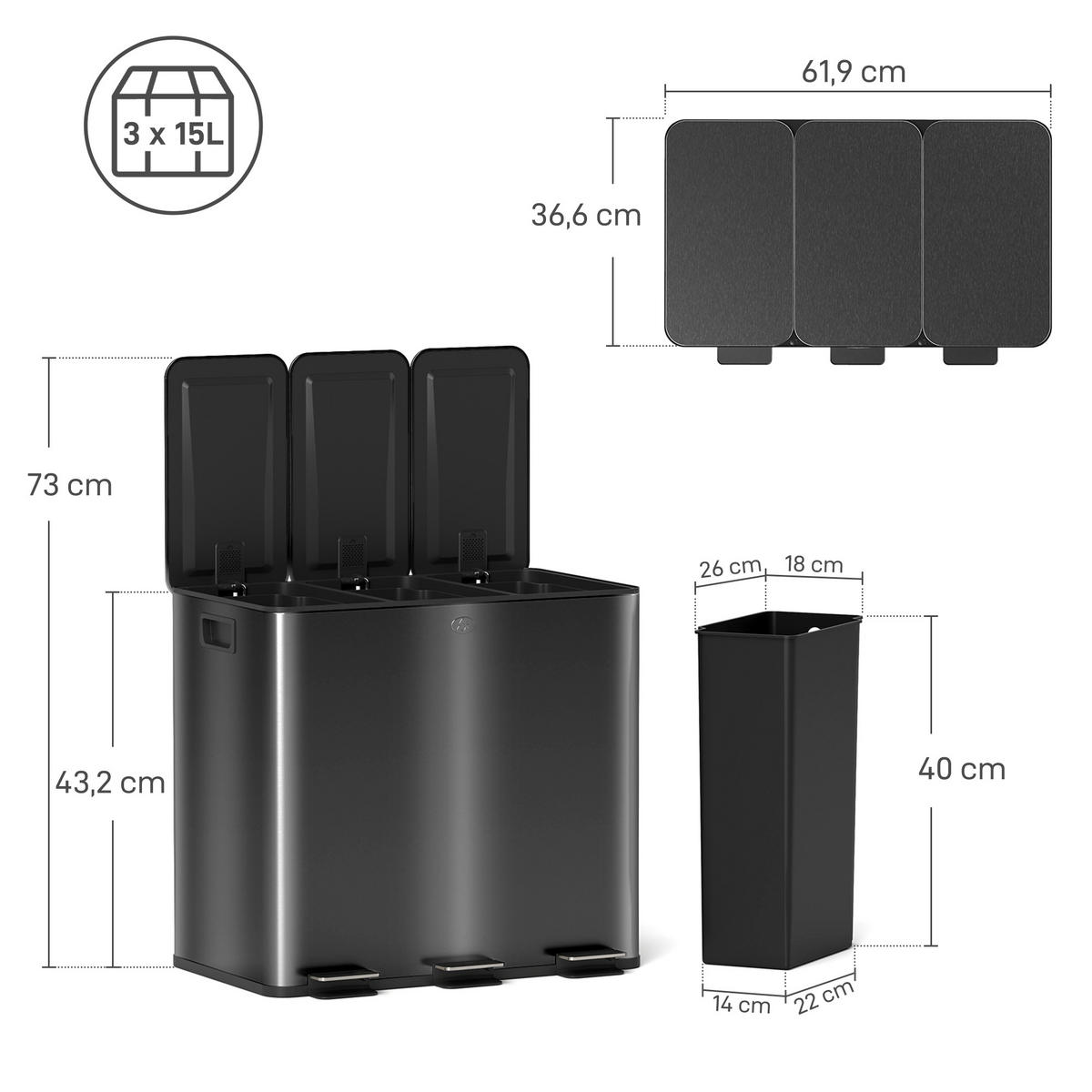 MÜLLEIMER 3x20L Abfalleimer aus Edelstahl mit Softclose Deckel Deodorant-Fächern - Anthrazit, Metall (36.6/43.2/61.9cm) - HOMCOM