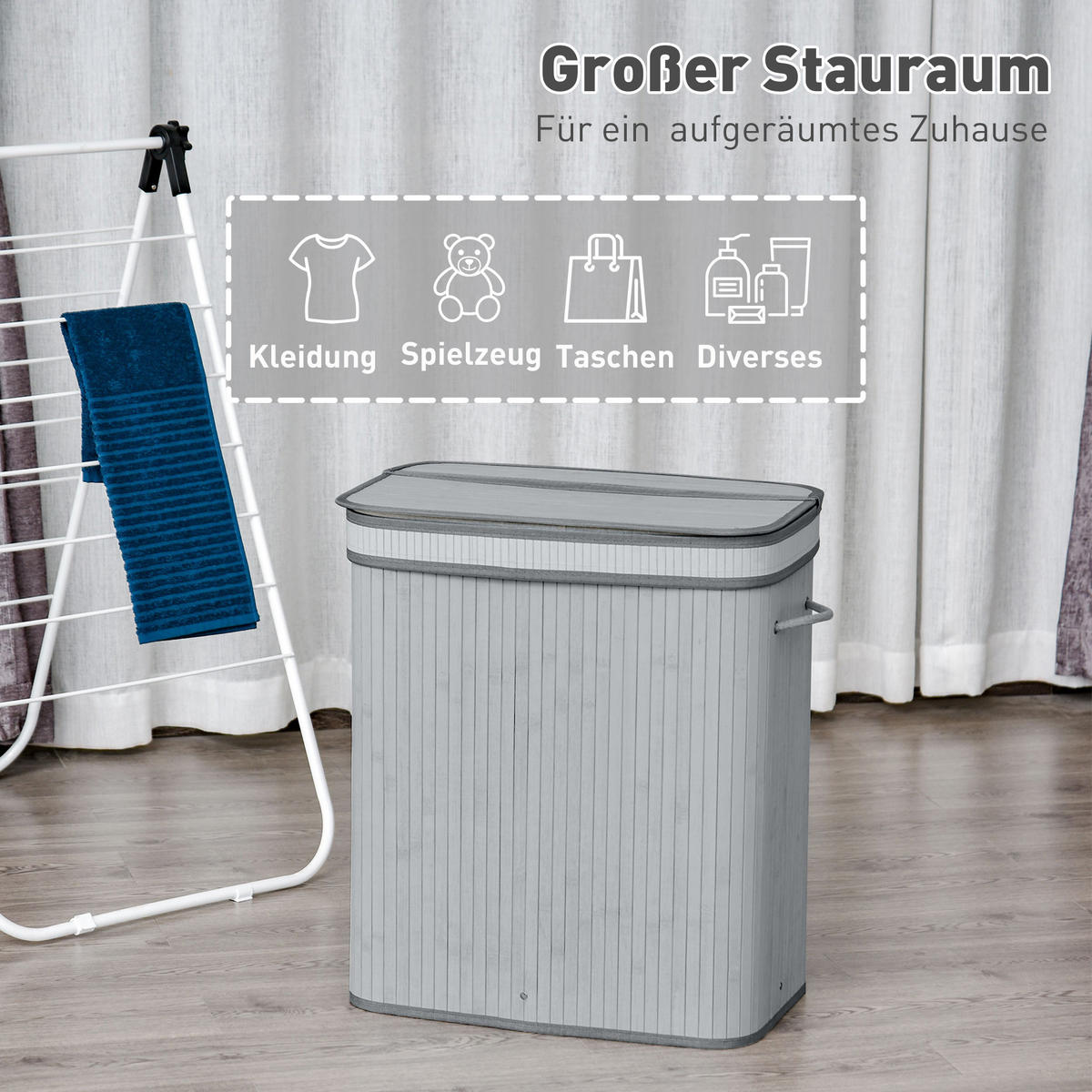 WÄSCHEKORB 100L Wäschesammler mit Deckel, 52 x 32 x 63 cm, Grau - Grau, Naturmaterialen (52/63/32cm) - HOMCOM
