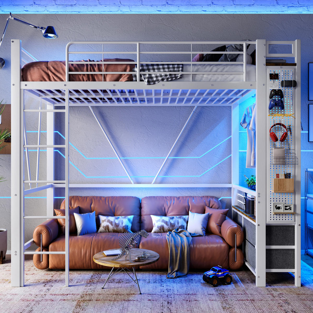 HOCHBETT 90/200 cm Eisenrahmen mit 4 Schubladen und USB-Anschluss ohne Matratze - Weiß, Metall (90/200cm) - OKWISH