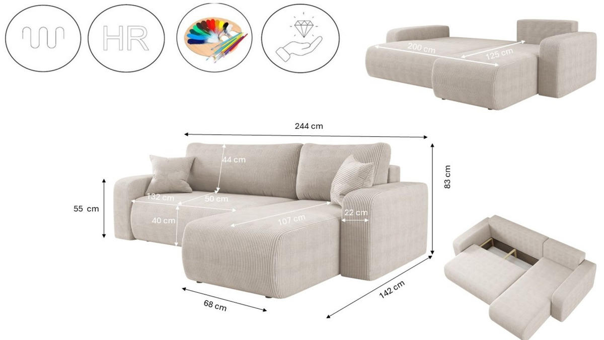 ECKSOFA L-FORM Schlaffunktion Und Bettkasten Eckcouch MILANO L Stoff Dicker Cord Beige Rechts - Beige, Holz/Textil (244/142cm) - Kaiser Möbel