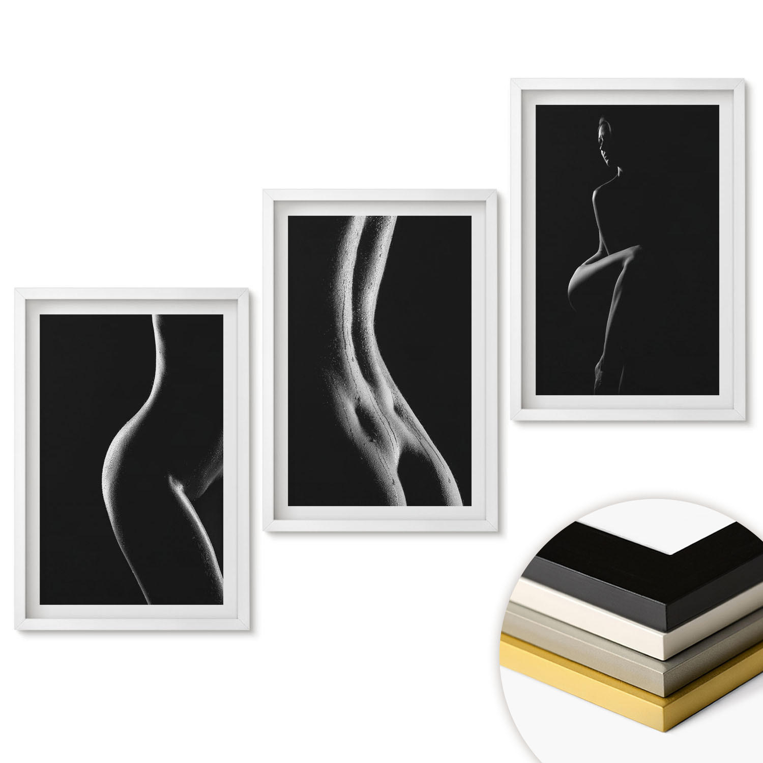 WANDBILDER 3er-Set - 40x60 cm Weißer Rahmen - Schwarz-weiße weibliche Silhouetten - Weiß, Kunststoff (40/60cm) - ArtPrintCave