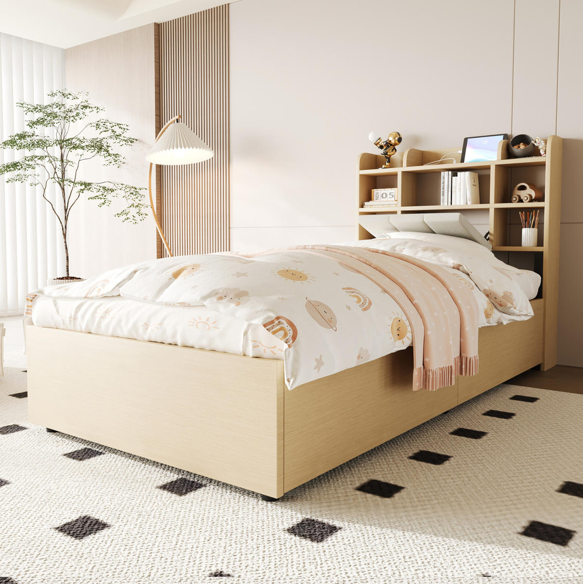 BETT 90/200 cm mit Kopfteil und Bettkasten – inkl. Lattenrost, USB-Anschluss - Naturfarben, Holzwerkstoff (90/200cm) - BEAOK